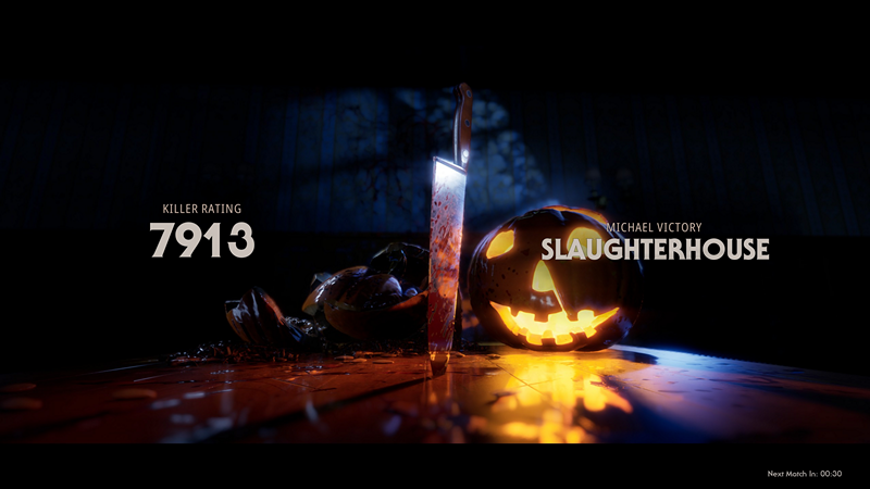 Halloween: A killer rating of 7913 is shown next to a lit pumpkin and a bloody knife that's been stabbed into a table.
