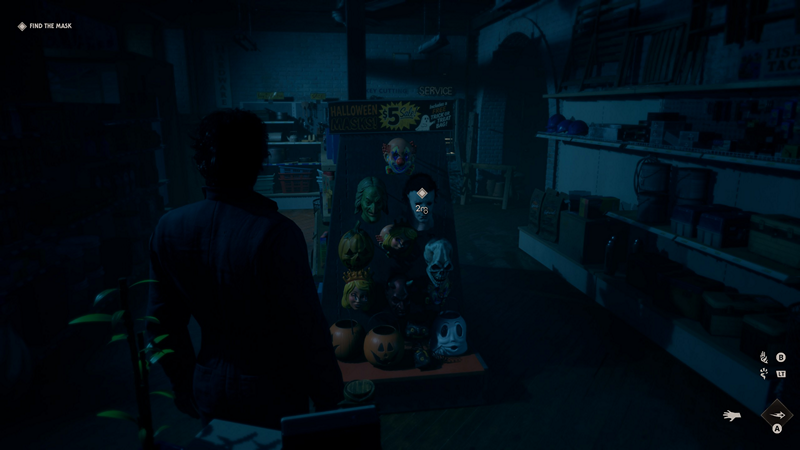 Halloween: A silhouetted figure stands in a dark store looking at a gondola end of Halloween masks.