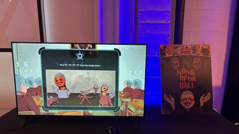 PAX West 2026: A monitor with a creepy, cartoon-style image and artwork for the Name of the Will game to the right.