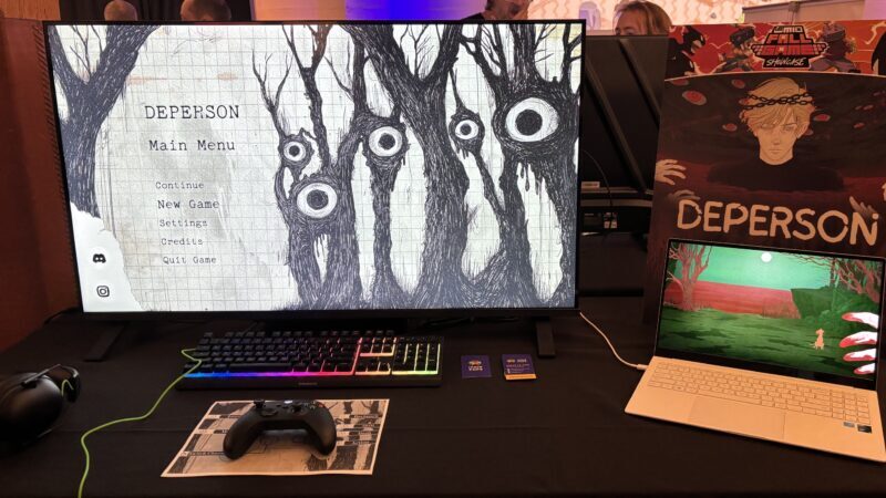 PAX West 2026: A screen with a doodle-style image, with the Deperson logo to one side.