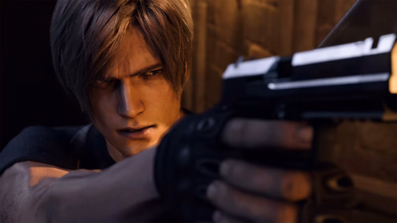 Resident Evil: A close-up of Leon Kennedy as he's about to fire a pistol off-screen.