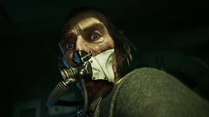Saw Genesis: a terrified person wearing a makeshift gas mask stares at the camera.