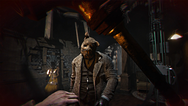 Saw Genesis: a creepy person wearing a pig-like mask approaches the player.