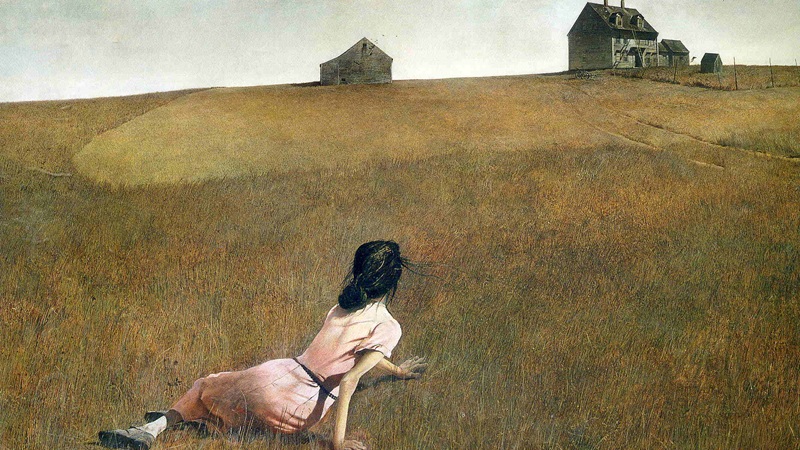 Andrew Wyeth: a girl in a pink dress crawls across a field towards a distant farmhouse.
