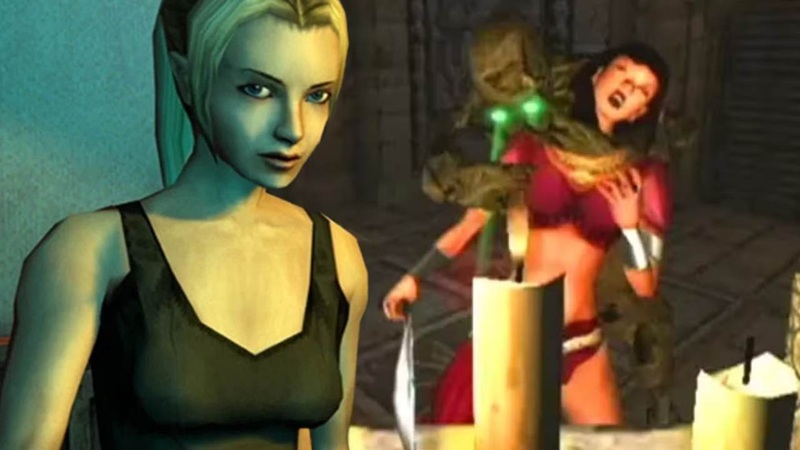 Nightdive Studios: a blond woman looks at the camera as another woman is attacked from behind by a green-eyed monster,