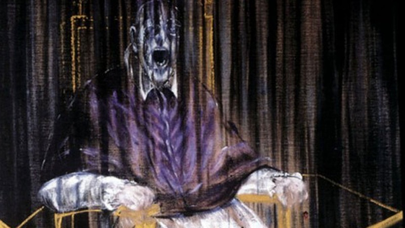 Francis Bacon: horror painting showing a melted version of Pope Innocent X on a throne.