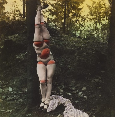 A semi-colourful photo showing two mannequin-style legs, one on top of the other.