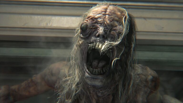 Resident Evil Requiem: a ghoulish monster roars towards the camera while in pain.