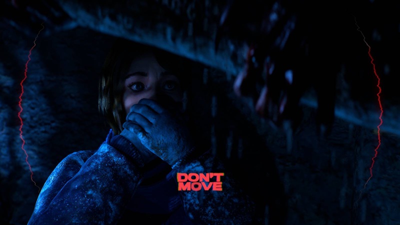 Until Dawn 2: a scared girl cowers in the dark, covering her mouth with her hand.