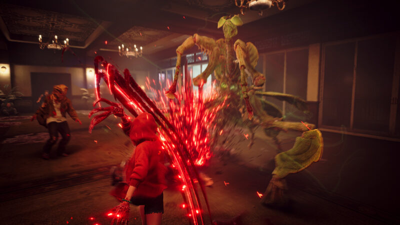 Bokeh Game Studios: a character in red hoodie strikes at a large, mantis-like beast.