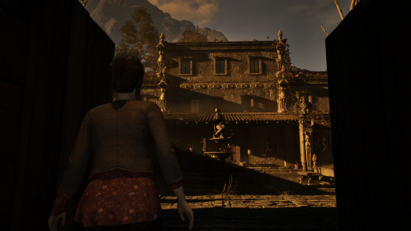 Remothered Red Nun's Legacy: screenshot showing the back of a girl as she approaches an ancient building bathed in glowing, golden sunlight.