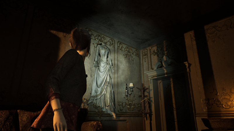 Remothered Red Nun's Legacy: a young woman looks up at a creepy wedding dress, highlighted by her flashlight.