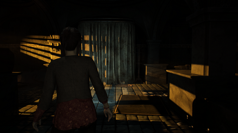 Remothered Red Nun's Legacy: screenshot showing a girl approaching a doorway in a dark room, lit by a small amount of fading sunlight.