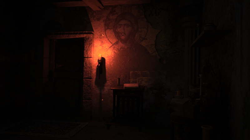 Remothered Red Nun's Legacy: a Jesus engraving on a dark wall that's lit by a single candle.