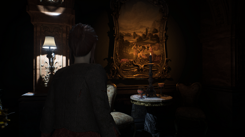 Remothered Red Nun's Legacy: the back of a young girl shows her approaching a classical painting on a wall that's lit by candlelight.