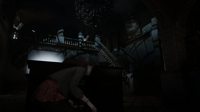 Remothered Red Nun's Legacy: a young woman creeps around a very dark mansion, approaching a set of stairs.