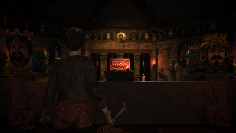 Remothered Red Nun's Legacy: a woman holds an iron implement as she approaches an ancient mausoleum-type place that's lit in a soft, yellow glow.