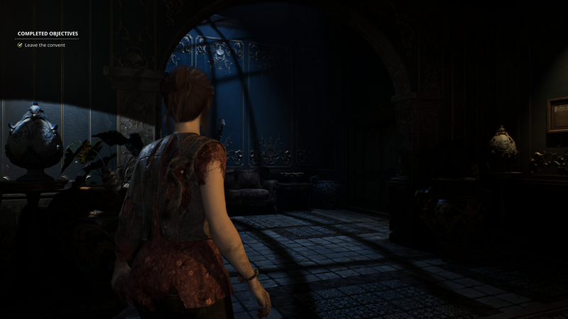 Remothered Red Nun's Legacy: a young woman in tattered clothes stands in a large, ornate room that's only lit by the moon light coming in through a window.