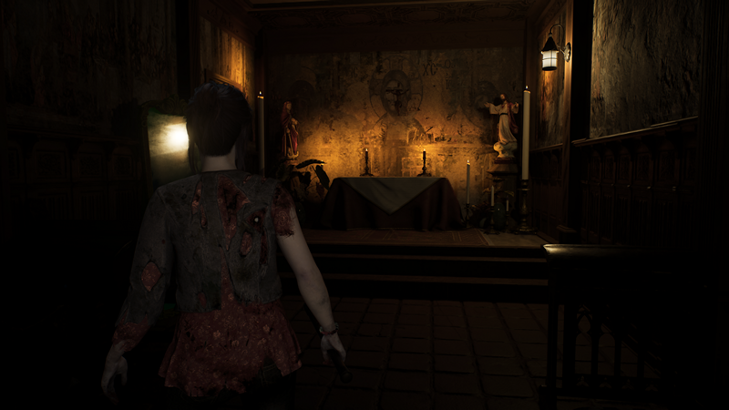 Remothered Red Nun's Legacy: a woman in a tattered dress approaches a crypt that's lit very dimply.