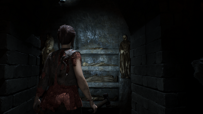 Remothered Red Nun's Legacy: a woman in tattered clothes approaches a creepy catacomb featuring rotting bodies.
