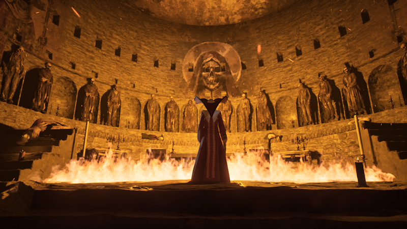 Remothered Red Nun's Legacy: a high priestess figures stands before a flaming floor and a series of ancient statues.