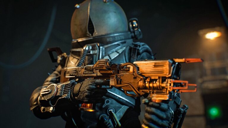 Cronos The New Dawn: A suited up space wanderer points a large, sci-fi weapon off-camera.