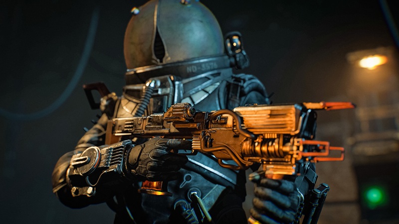 Cronos The New Dawn: A suited up space wanderer points a large, sci-fi weapon off-camera.