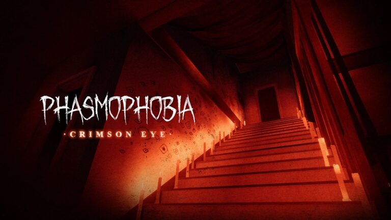 Phasmophobia: a screenshot showing stairs going up that are bathed in a red candlelight glow.