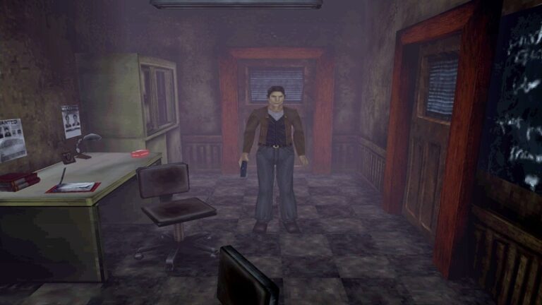 Silent Hill: a low polygonal Caucasian man stands in a dingy reception area whilst holding a pistol.