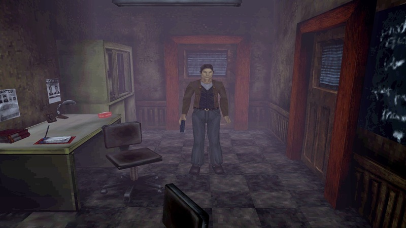 Silent Hill: a low polygonal Caucasian man stands in a dingy reception area whilst holding a pistol.