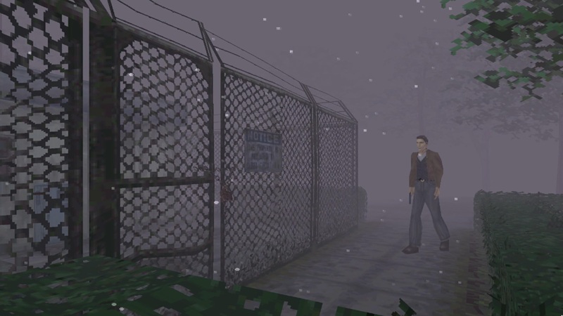 Silent Hill: a polygonal Caucasian man walks down a foggy street towards a chain link fence.