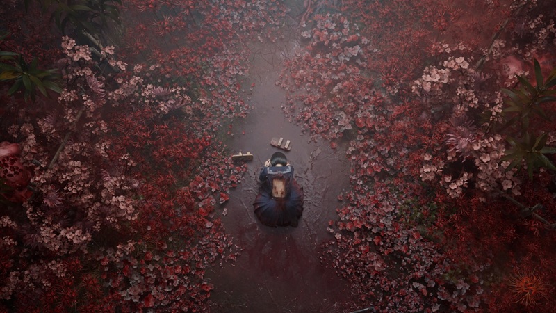 Silent Hill f: an above shot of an Asian girl in a tattered dress, in the midst of some red flower petals.