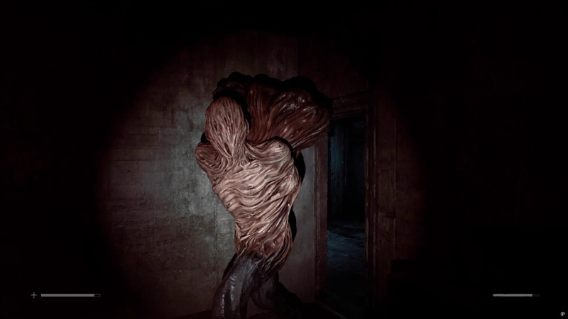 Silent Hill Townfall: a flashlight shines on a deformed being with a twisted, humanoid body.