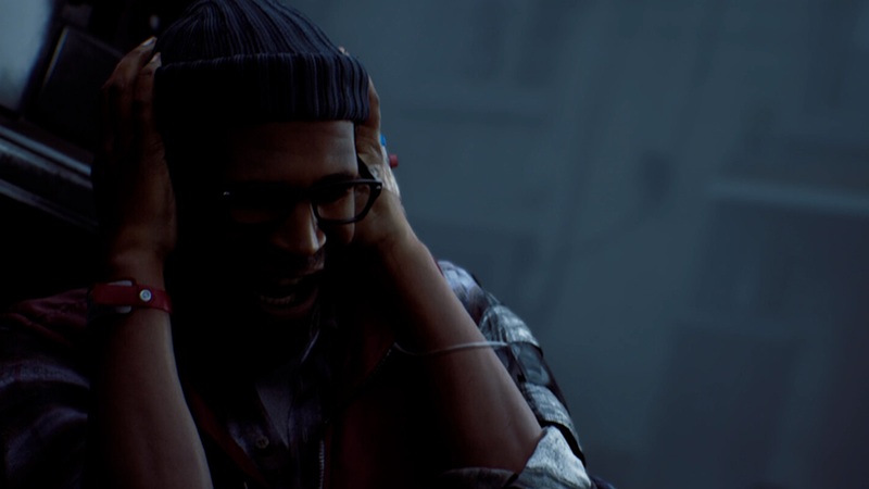 Silent Hill Townfall: A man with glasses and a beanie hat cowers and screams with his hands over his ears.